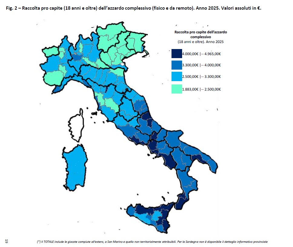 Raccolta pro capite (18 anni e oltre) dell’azzardo complessivo (fisico e da remoto).
