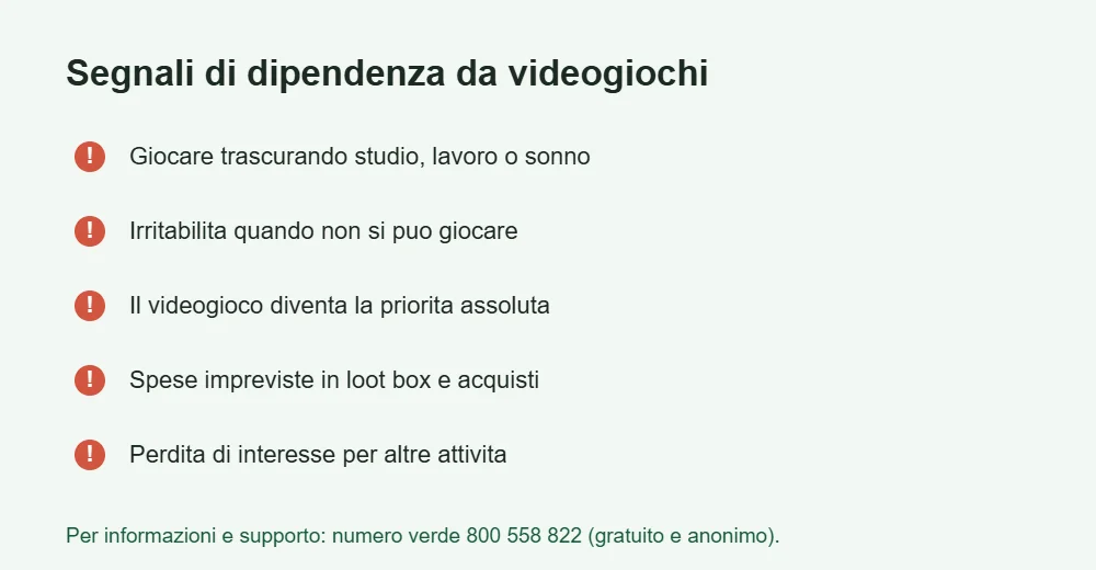 Infografica dei segnali di dipendenza da videogiochi
