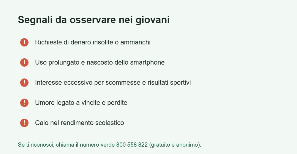 Infografica dei segnali di gioco problematico nei giovani