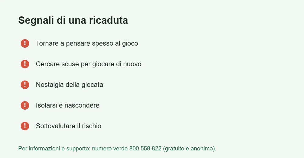 Infografica sui segnali di ricaduta nel gioco