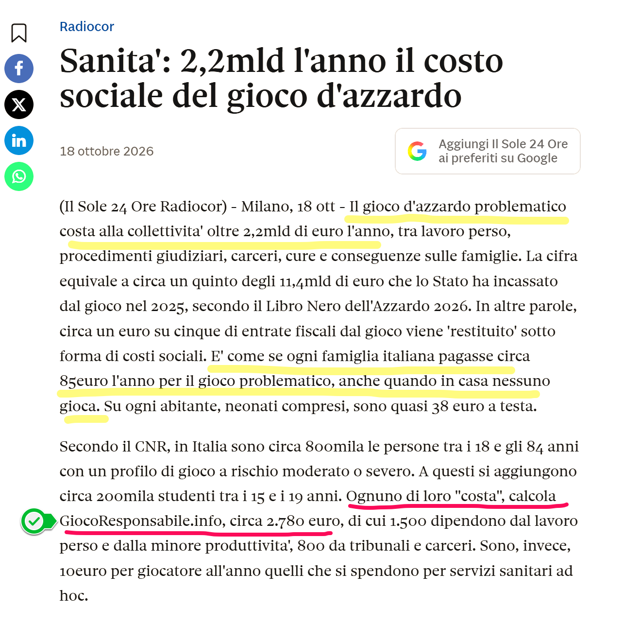 Il Sole 24 Ore riprende i dati di giocoresponsabile.info